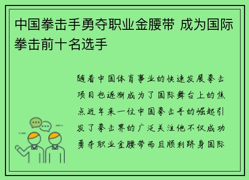 中国拳击手勇夺职业金腰带 成为国际拳击前十名选手